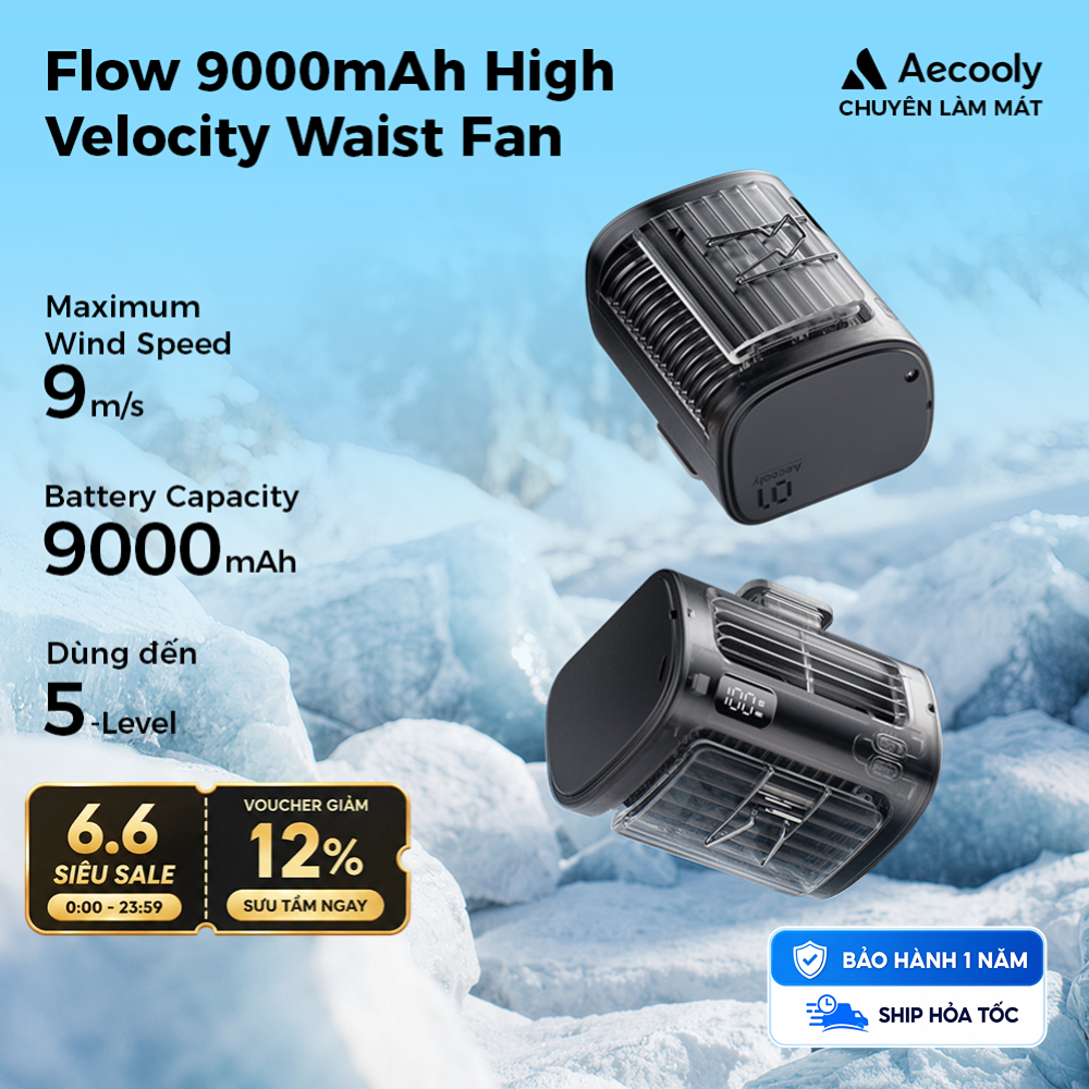 Aecooly Flow 9000mAh Quạt Hông Đeo Thắt Lưng 9000mAh Quạt Mini Cầm Tay 5 Tốc Độ Dòng chảy Quạt thắt lưng vận tốc cao Cánh Quạt Kiểu Điều Hòa, Dùng Đến 18 Giờ