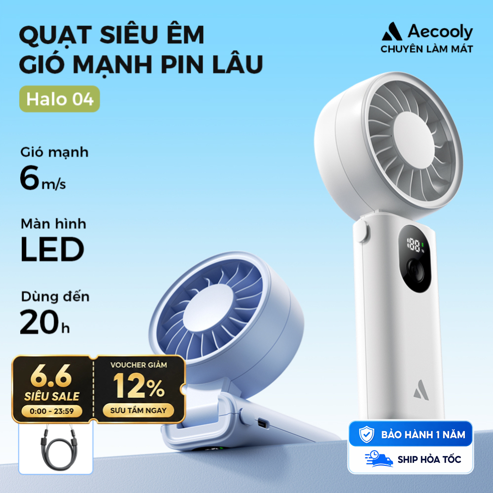Aecooly Halo 04 Quạt cầm tay Quạt tích điện mini cầm tay Thời gian làm mát tối đa 20H, quạt cầm tay mini sạc điện 3 chế độ linh hoạt, Màn hình mức pin, Gió 5 tốc độ