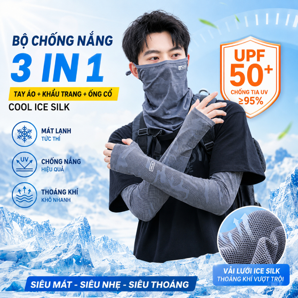 Bộ Chống Nắng Nam 3in1 Tay Áo + Khẩu Trang UPF50+ Ice Silk Mát Lạnh Đi Xe Máy Câu Cá