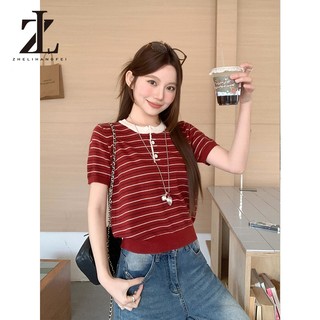 ZHELIHANGFEI Vai ngắn cổ tròn sọc màu