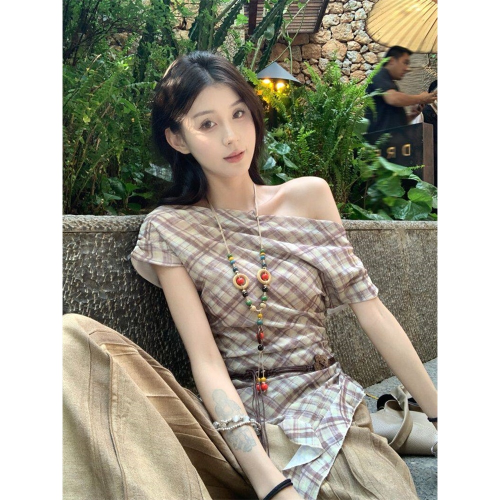 [BANKO] Phiên bản Hàn Quốc Nữ Mùa Hè Eo hẹp Ôm Hơn Nhìn Retro Ruy Băng Kiểm Tra Gạc Áo Thun Tay Ngắn Không Dây