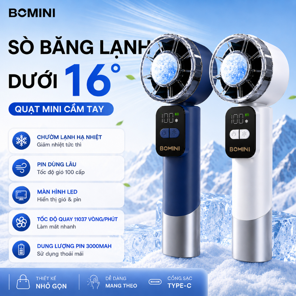 【BOMINI】Quạt Mini Làm Mát Gió Mạnh Sạc USB Làm Mát Nhanh Thiết Kế Di Động Tiện Lợi