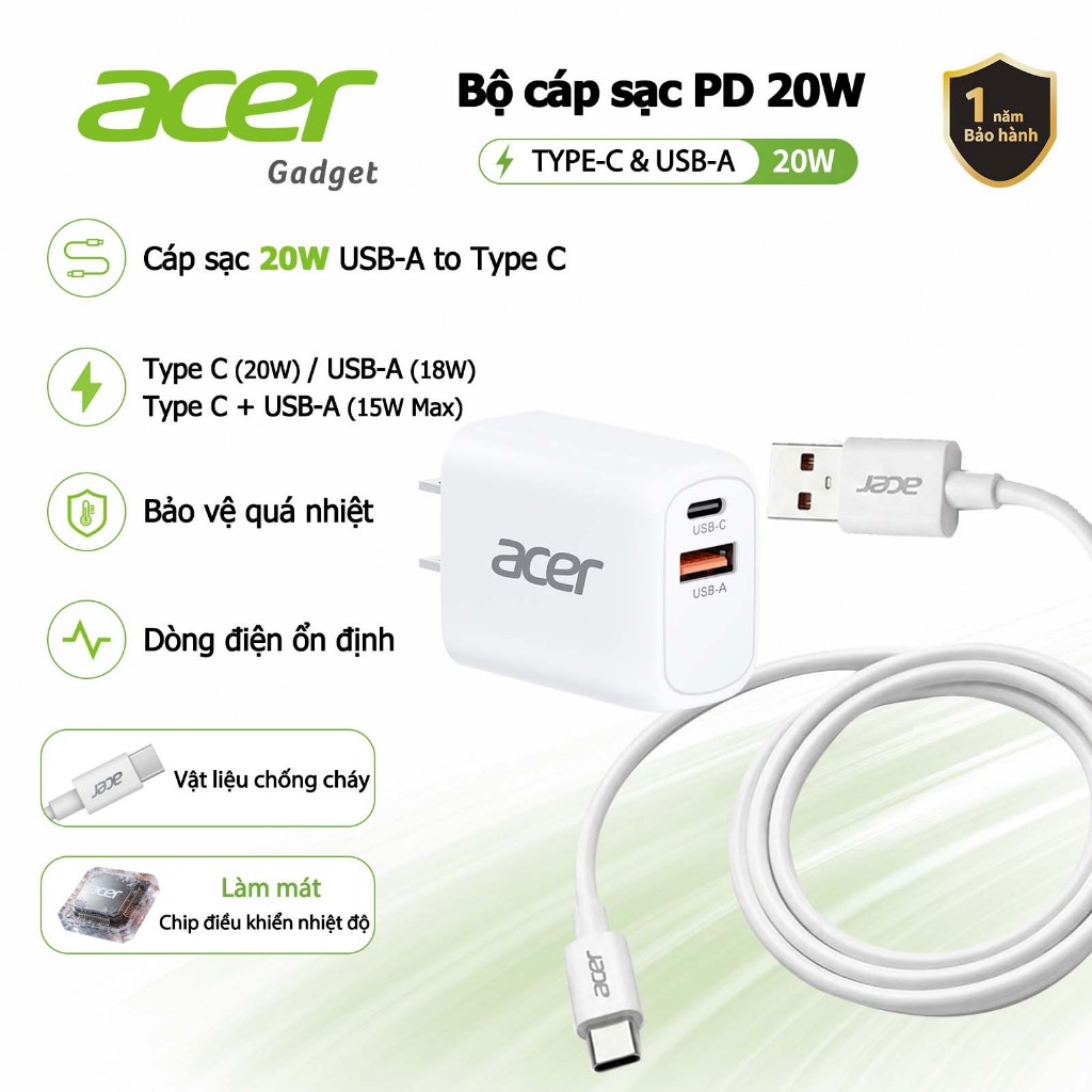 Acer Bộ cáp sạc PD 20W USB-A to USB-C Dây cáp sạc nhanh Type C 5V 3A Charger Truyền dữ liệu Tương thích hợp với Điện thoại di động Ip 15 C02