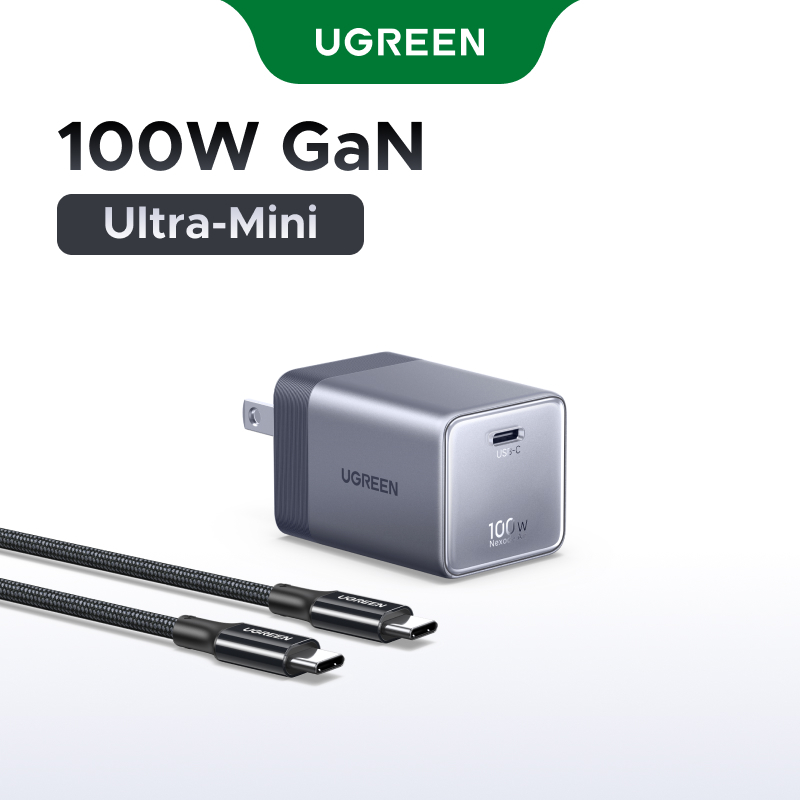 Bộ sạc USB-C màu xám UGREEN 100W GaN có phích cắm có thể gập lại + Cáp USB-C 100W, hỗ trợ sạc nhanh cho iPhone 17 / 16 Pro Max / MacBook / Samsung S26 Ultra / iPad (phích cắm US).