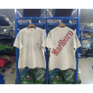 Vintage Xi măng Trắng Rửa Cotton Tee Phía Trước Túi Nhỏ Logo Lưng Lớn Slanted Đỏ In Chữ Rời Oversize Unisex Tay Ngắn Top