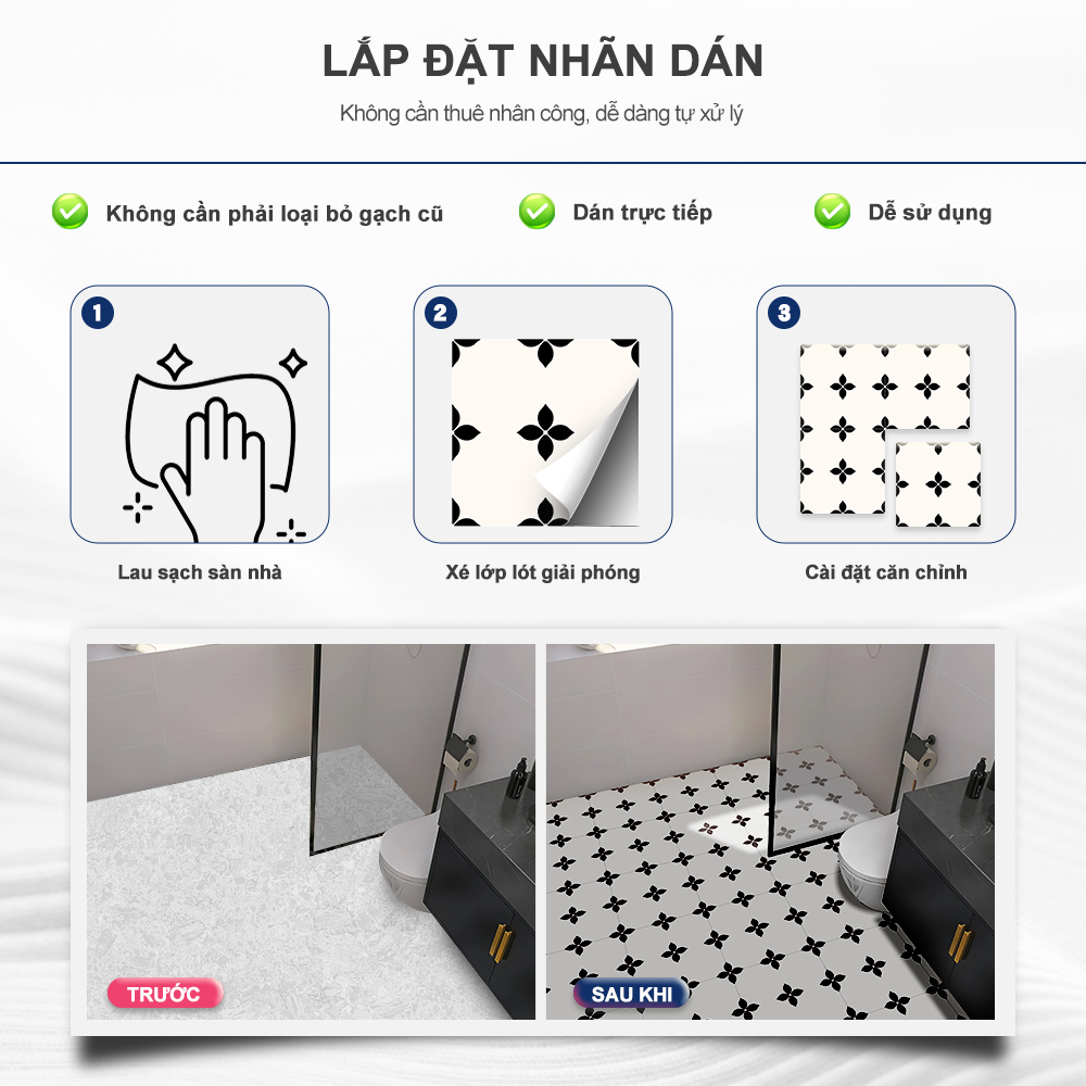 MORCART miếng dán sàn, 1 tấm, DIY chống nước chống mài mòn, trang trí sàn và tường, 20x20cm/30x30cm, phù hợp cho phòng tắm, nhà bếp, nền xi măng phẳng và nhẵn.