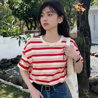 Áo thun nữ sọc gấu thêu dễ thương, cổ tròn màu đỏ và kem