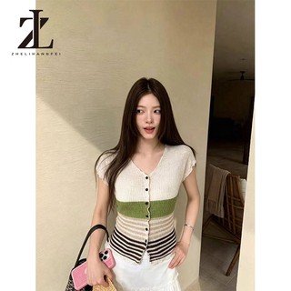 ZHELIHANGFEI Áo len dệt kim ngắn tay cổ chữ V khâu tương phản cổ điển Hàn Quốc