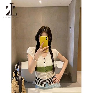 ZHELIHANGFEI Áo len dệt kim ngắn tay cổ chữ V khâu tương phản cổ điển Hàn Quốc