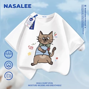 NASA Phim hoạt hình mèo Xiêm in hình trẻ em ngắn tay Cotton nguyên chất loại A bé trai bé gái mùa hè Áo thun mặc đường phố phong cách mới