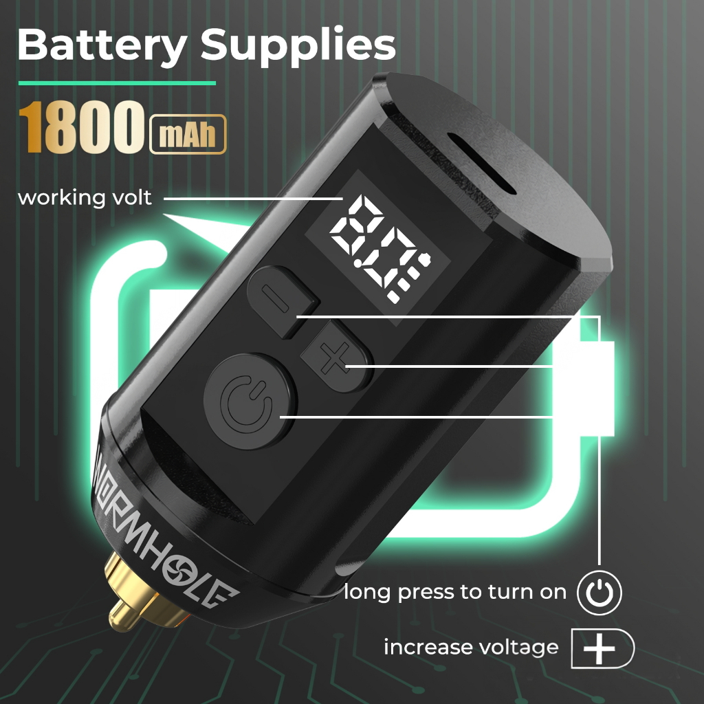 Nguồn điện hình xăm không dây 1800mAh - 5 mức điện áp, màn hình LED, sạc nhanh USB-C, pin di động Mini cho máy quay & PMU