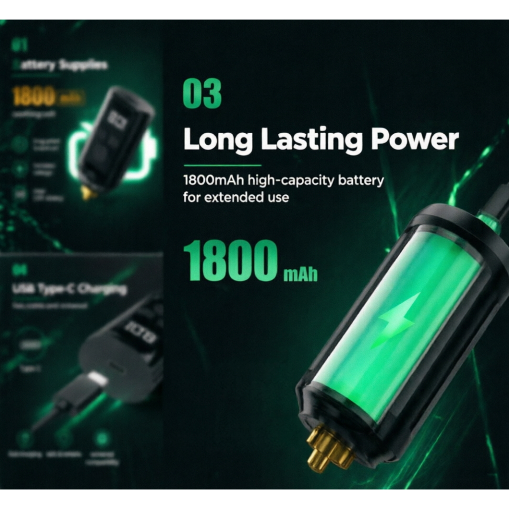 Nguồn điện hình xăm không dây 1800mAh - 5 mức điện áp, màn hình LED, sạc nhanh USB-C, pin di động Mini cho máy quay & PMU