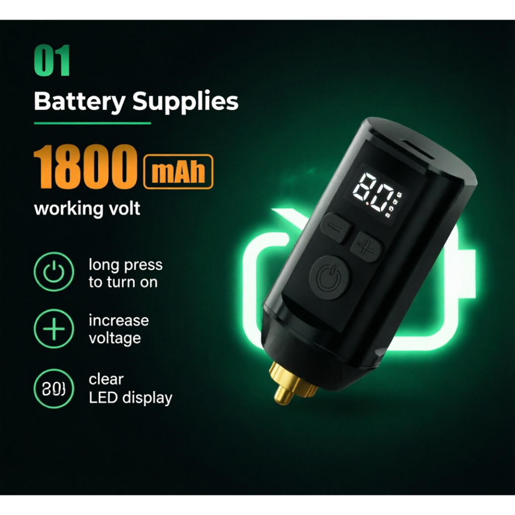 Nguồn điện hình xăm không dây 1800mAh - 5 mức điện áp, màn hình LED, sạc nhanh USB-C, pin di động Mini cho máy quay & PMU