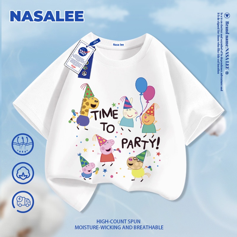 [Vận chuyển 24 giờ] NASA Piggy Peppa in hình trẻ em Cotton ngắn tay nguyên chất loại A bé trai bé gái mùa hè Áo thun mặc đường phố phong cách mới