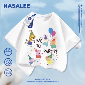 NASA Piggy Peppa in hình trẻ em Cotton ngắn tay nguyên chất loại A bé trai bé gái mùa hè Áo thun mặc đường phố phong cách mới