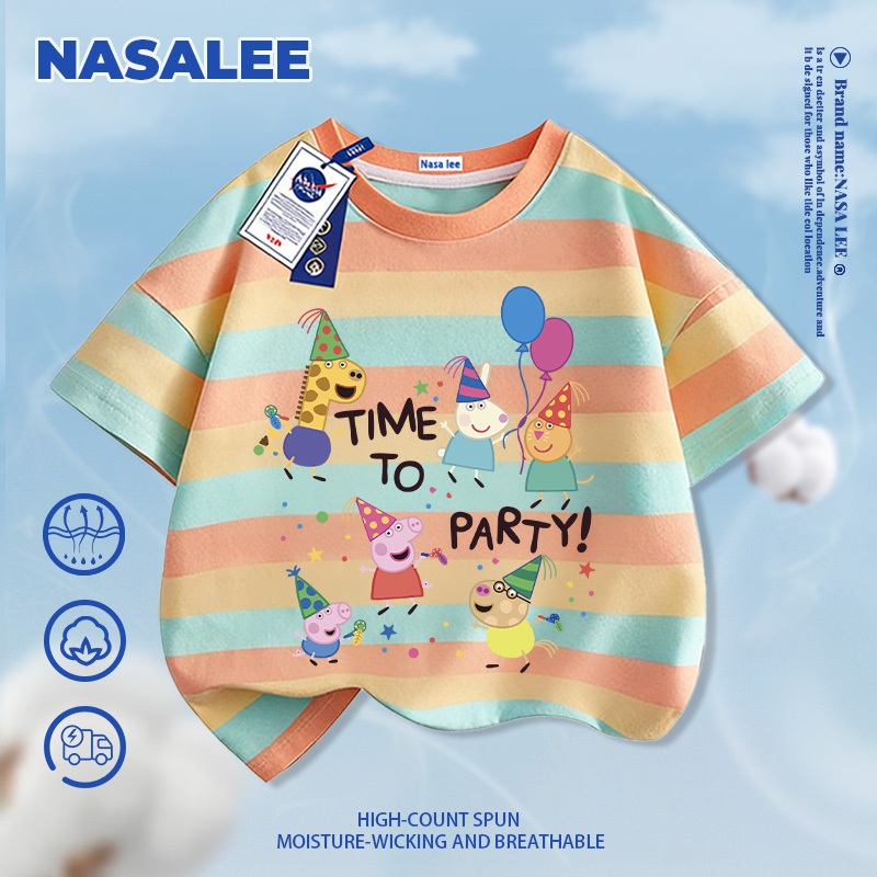 [Vận chuyển 24 giờ] NASA Piggy Peppa in hình trẻ em Cotton ngắn tay nguyên chất loại A bé trai bé gái mùa hè Áo thun mặc đường phố phong cách mới