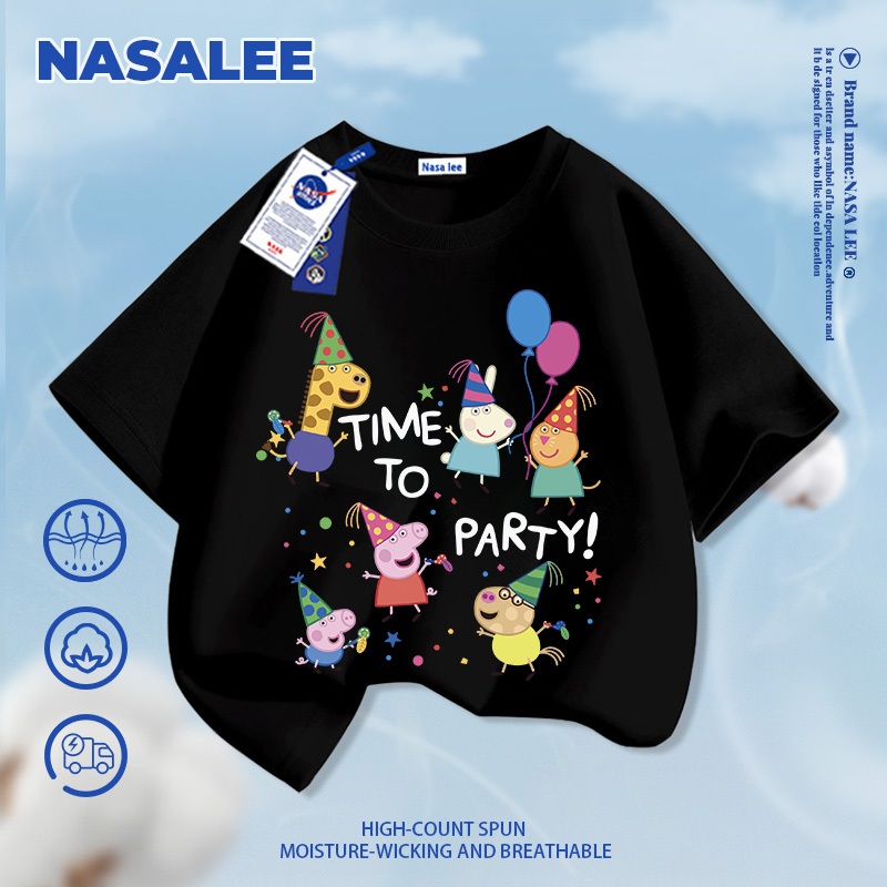 [Vận chuyển 24 giờ] NASA Piggy Peppa in hình trẻ em Cotton ngắn tay nguyên chất loại A bé trai bé gái mùa hè Áo thun mặc đường phố phong cách mới