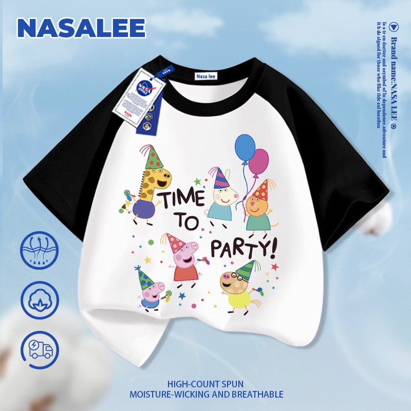 [Vận chuyển 24 giờ] NASA Piggy Peppa in hình trẻ em Cotton ngắn tay nguyên chất loại A bé trai bé gái mùa hè Áo thun mặc đường phố phong cách mới