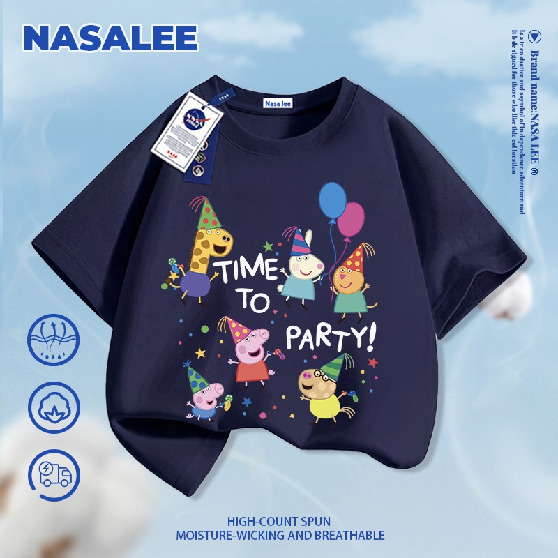 [Vận chuyển 24 giờ] NASA Piggy Peppa in hình trẻ em Cotton ngắn tay nguyên chất loại A bé trai bé gái mùa hè Áo thun mặc đường phố phong cách mới