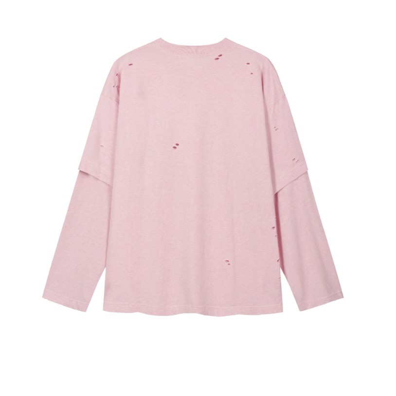 Unisex Nút Mới in Logo Lớn Vintage Đau Khổ 2 Trong 1 Áo Thun Dài Tay, Phong Cách Thường Ngày Nhật Bản-Hàn Quốc