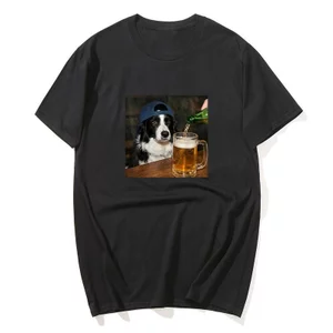 Border Collie Uống Bia Ngộ nghĩnh Chó Meme Áo nam Nữ 100% Cotton Áo Sơ Mi Tay Ngắn Áo