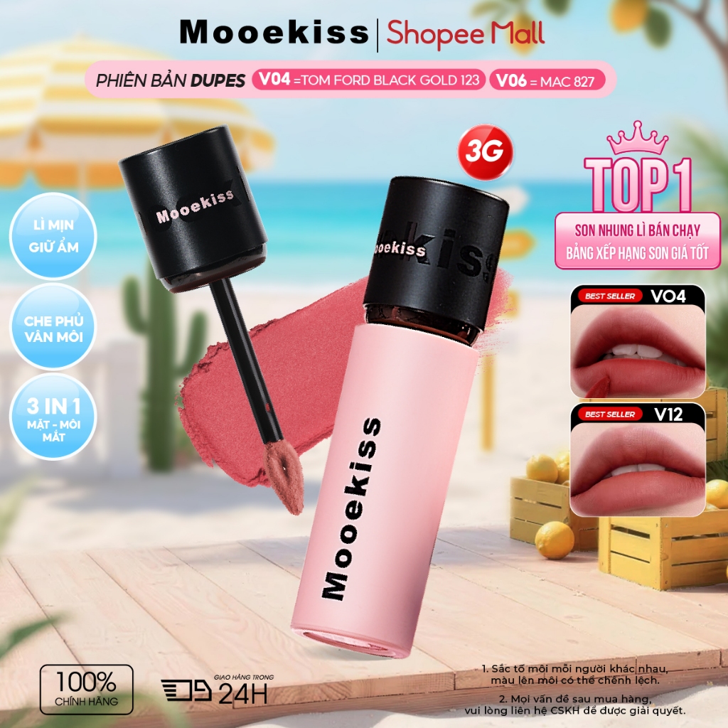 Son bùn Mooekiss Velvet lì mịn như nhung, hỗ trợ giảm thâm môi và làm sáng tông da vàng, màu V01 thời thượng 3g