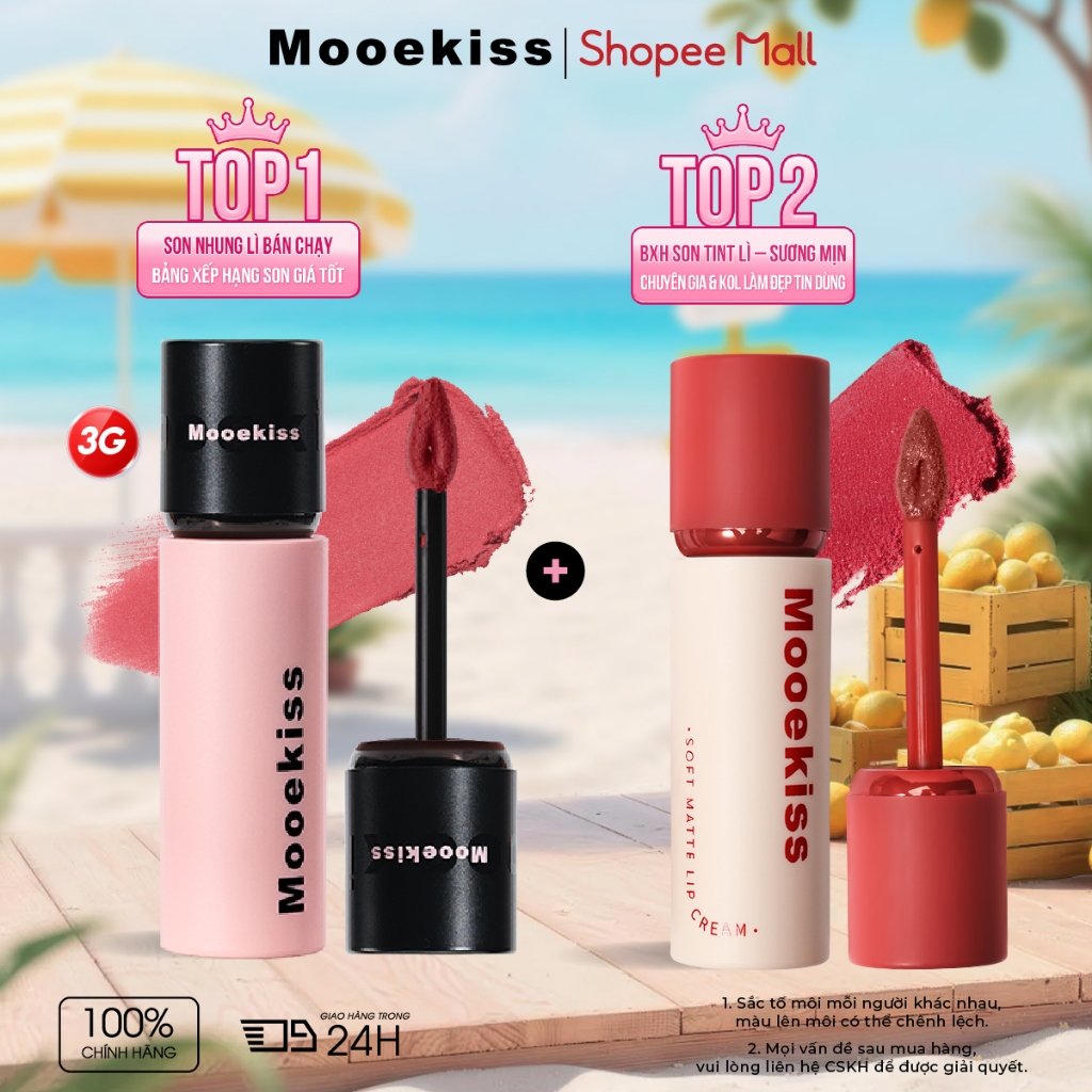 Combo 2 Son Bùn Mooekiss Velvet Lip Mud, Lì Mịn Như Nhung, Khóa Màu, Không Dính Cốc, Lâu Trôi 3g