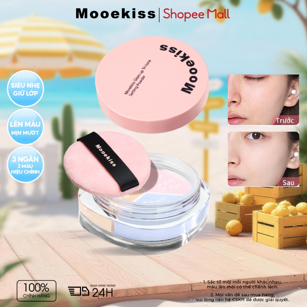 Phấn Phủ Mooekiss 3 Màu, Kiềm Dầu, Chống Nước Mồ Hôi, Lâu Trôi, Bột Mịn, Không Mốc 7.5g