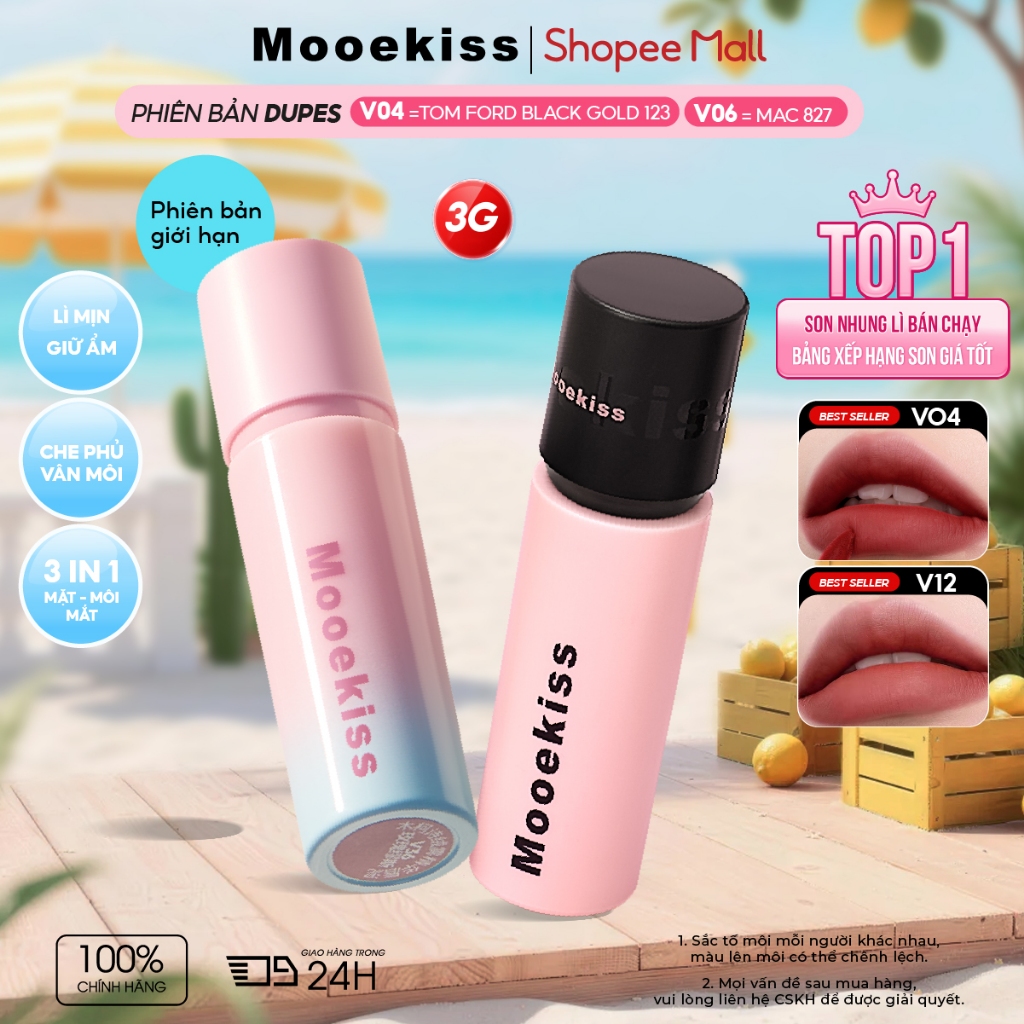 [KOL] Son Bùn Mooekiss Velvet Lip Mud, Bảng 17 Màu, Lì Mịn, Lên Màu Chuẩn, Môi Mềm Mịn 3g