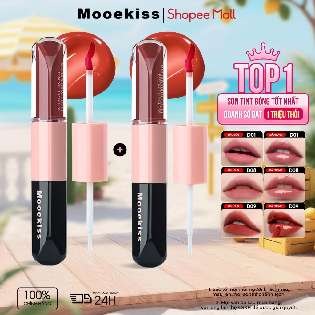 [KOL Combo 2] Combo 2 Son Mooekiss 2 Đầu, Lì & Bóng, Dưỡng Ẩm, Lâu Trôi, Không Lem Không Dính Cốc 6mlx2