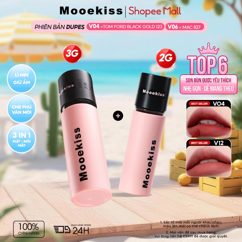 [LIVE Combo 2g+3g] Son Mooekiss 3in1 (2g+3g), Son Lì + Son Bóng + Tint, Lâu Trôi, Mịn Nhẹ, Tôn Da