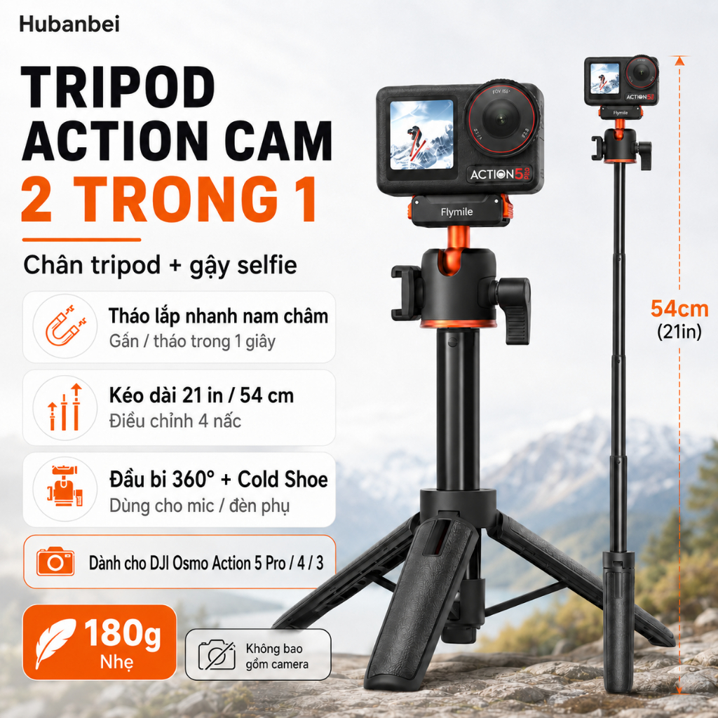 Tripod Action 5 Pro Gậy Selfie Nam Châm 21 inch Gậy Nối Dài Chân Đế Mini Để Bàn Đầu Bi 360° Cold Shoe Cho DJI Osmo Action 5 Pro 4 3 Pocket 3