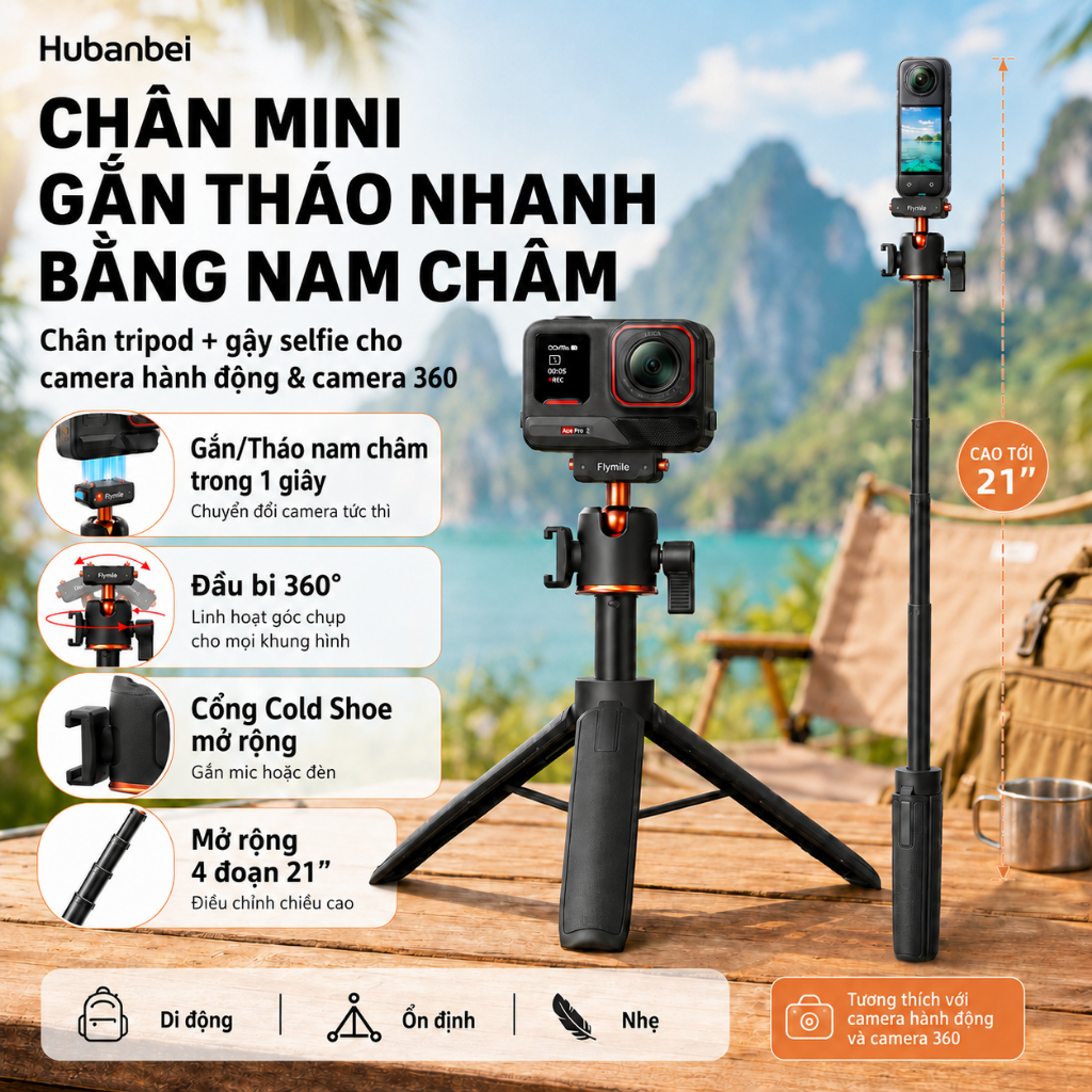 Tripod Cho Insta360 X5 ACE Pro 2 Gậy Selfie Nam Châm 21 inch Gậy Nối Dài Chân Đế Mini Để Bàn Đầu Bi 360° Cold Shoe Cho Ace Pro Ace