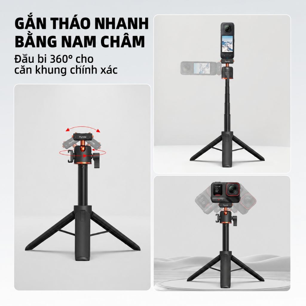 Tripod Cho Insta360 X5 ACE Pro 2 Gậy Selfie Nam Châm 21 inch Gậy Nối Dài Chân Đế Mini Để Bàn Đầu Bi 360° Cold Shoe Cho Ace Pro Ace