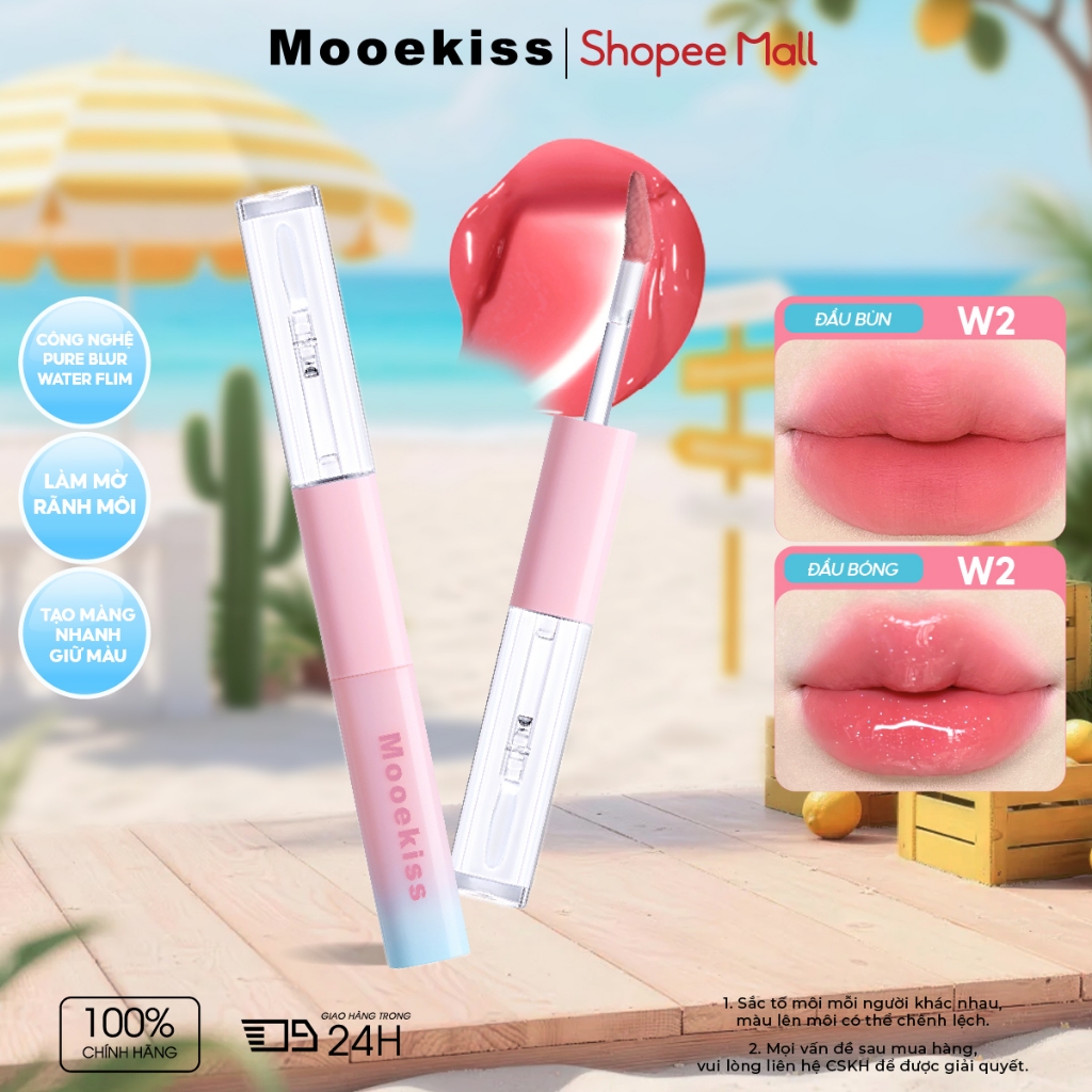 [KOL] Son Mooekiss 2 Đầu Lì & Bóng 1.5g+1.5g, Dưỡng Ẩm, Lâu Trôi, Không Dính Cốc, Căng Bóng Môi