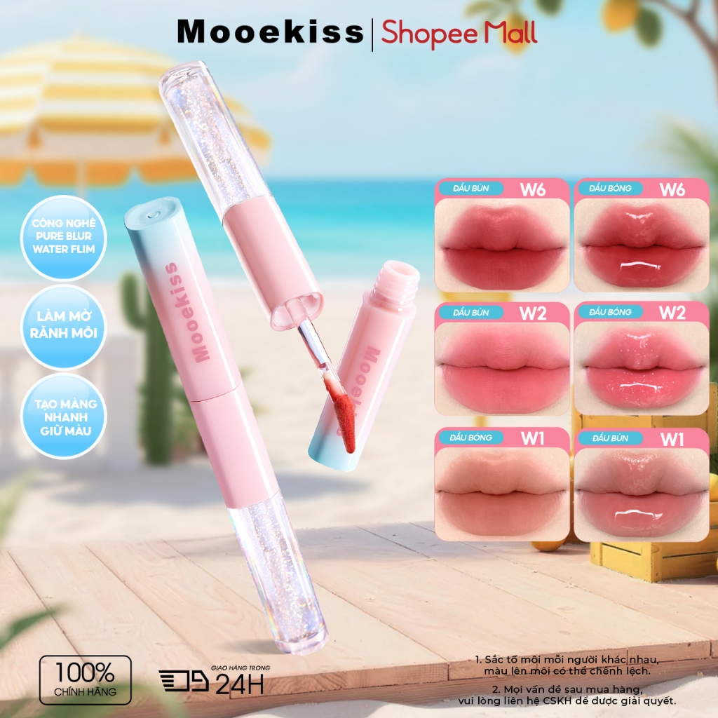 [LIVE] Son Mooekiss 2 Đầu Lì & Bóng 1.5g+1.5g, Dưỡng Ẩm, Lâu Trôi, Không Dính Cốc, Dòng Seaside