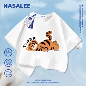 Áo thun Cotton nguyên chất ngắn tay in hình con hổ hoạt hình NASA loại A cho bé trai bé gái mùa hè phong cách mới mặc dạo phố