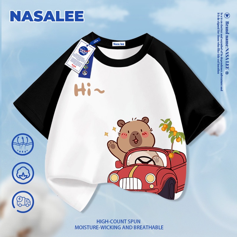 [Vận chuyển 24 giờ] NASA Kapibara in hình trẻ em ngắn tay Cotton nguyên chất loại A cho bé trai bé gái mùa hè Áo thun mặc đường phố phong cách mới