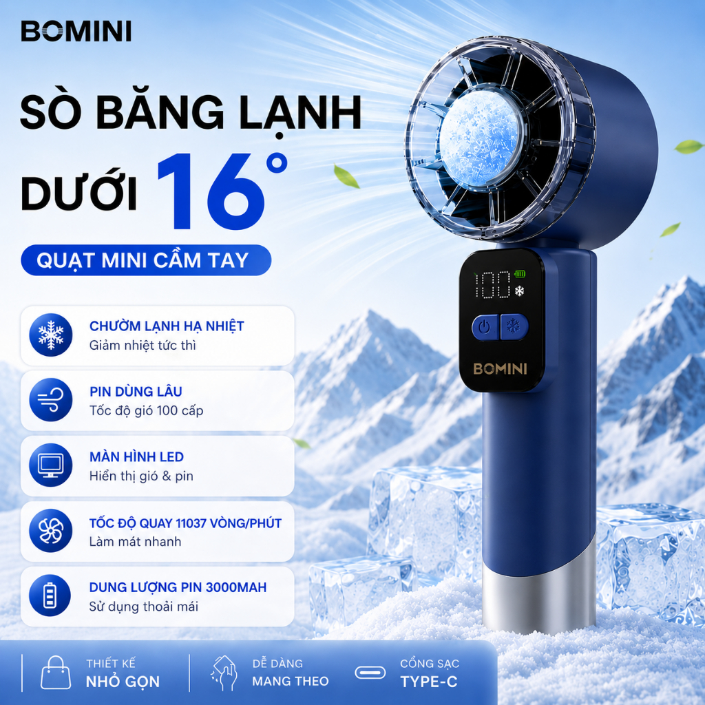 【BOMINI Quạt Mini Làm Mát】Quạt Mini Làm mát băng Luồng khí mạnh USB di động có thể sạc lại 3000mAh