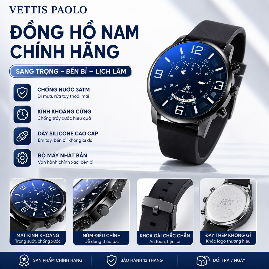 Đồng Hồ Đeo Tay Nam Thể Thao, Máy Quartz Chính Xác, Chống Nước 3ATM, Mặt Số Lớn, Phong Cách Thời Trang