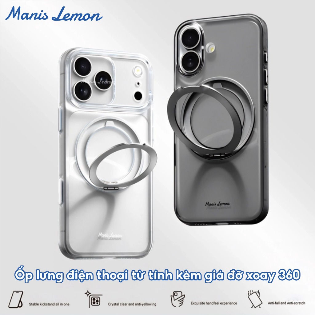 Ốp Lưng Manis Lemon Trong Suốt Từ Tính 360° Xoay,Bảo Vệ Camera, Hỗ Trợ Sạc Magnetic, Cho iPhone 17 16 15 14 Pro Max