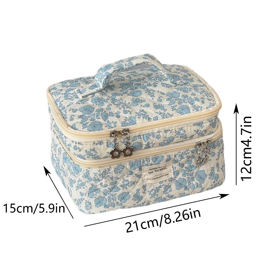Túi mỹ phẩm hoa trắng xanh khâu chỉ dung tích lớn xách được 2 lớp tươi trẻ đựng đồ tắm du lịch