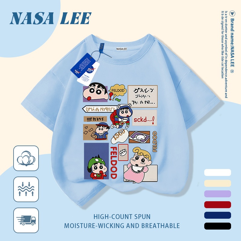[Giao hàng trong ngày] Áo thun Cotton nguyên chất màu xanh cho trẻ em Nhân vật truyện tranh dễ thương In hình hợp thời trang bé trai 3-16 tuổi Bé gái tay ngắn thông thường