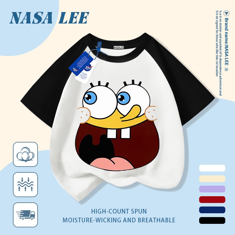 [Giao hàng trong ngày] Áo thun Cotton nguyên chất màu đen trắng Raglan Cotton thoáng khí hoạt hình dễ thương Mặt tròn in hình hợp thời trang bé trai 3-16 tuổi bé gái tay ngắn thông thường