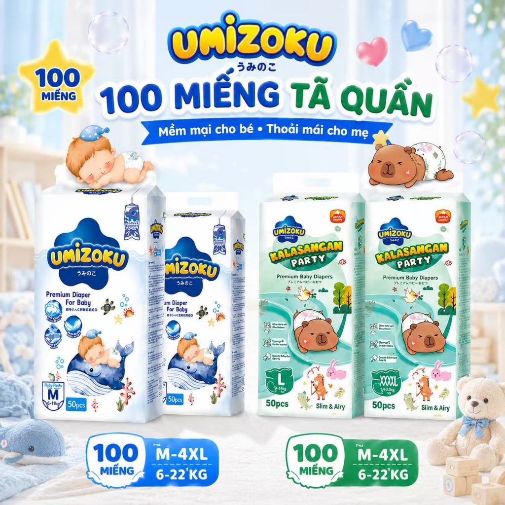UMIZOKU 100 Miếng Tã Quần Cho Bé | Mềm Mại & Thoải Mái | M-4XL 6-22KG | Bao Gồm 2 Mẫu, Siêu Thấm & Thoáng Khí