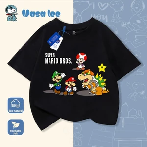 Áo thun bé trai in hình Super Mario Bros, họa tiết nhân vật game hoạt hình dễ thương, cotton thoáng mát mặc đi học