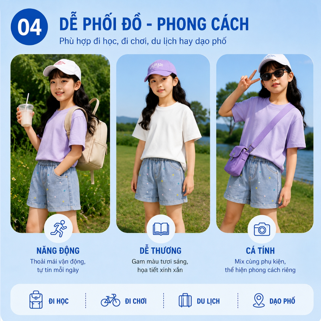 W.G.Q Quần short Denim bé gái，Phong cách mới mùa hè，Thiết kế thêu hoa，Mềm mại thoải mái，Thời trang phù hợp