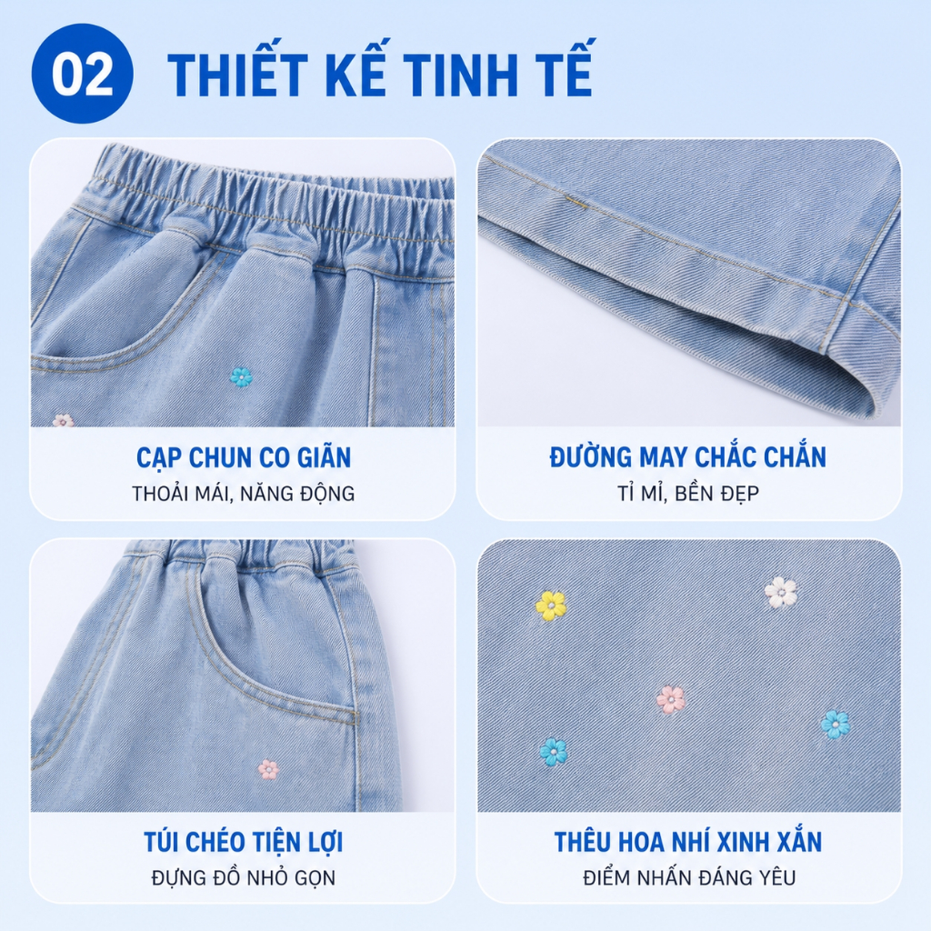 W.G.Q Quần short Denim bé gái，Phong cách mới mùa hè，Thiết kế thêu hoa，Mềm mại thoải mái，Thời trang phù hợp