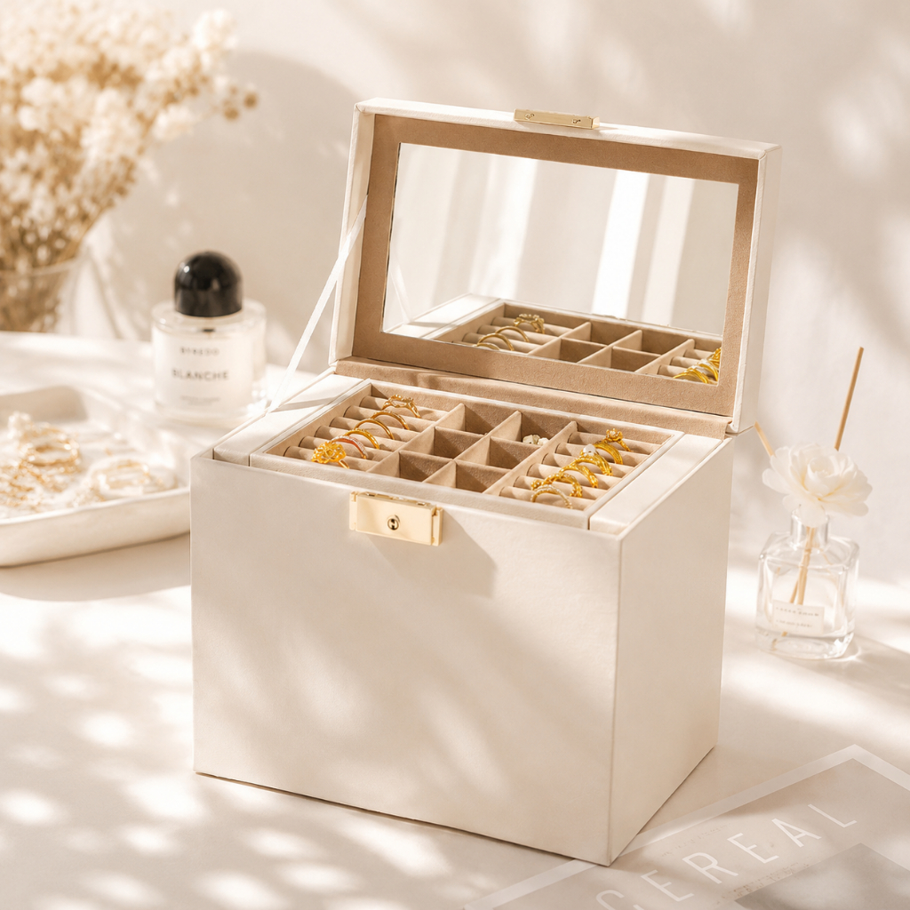 CASEGRACE Hộp Trang Sức Người Tổ Chức Có Khóa Chìa Khóa Và Tích Hợp Gương Đồng Hồ Cuộn Giá Đỡ Trang Sức 3 Lớp Lưu Trữ Cho Nhẫn Bông Tai Dây Chuyền Hộp Quà Tặng Bí Ẩn