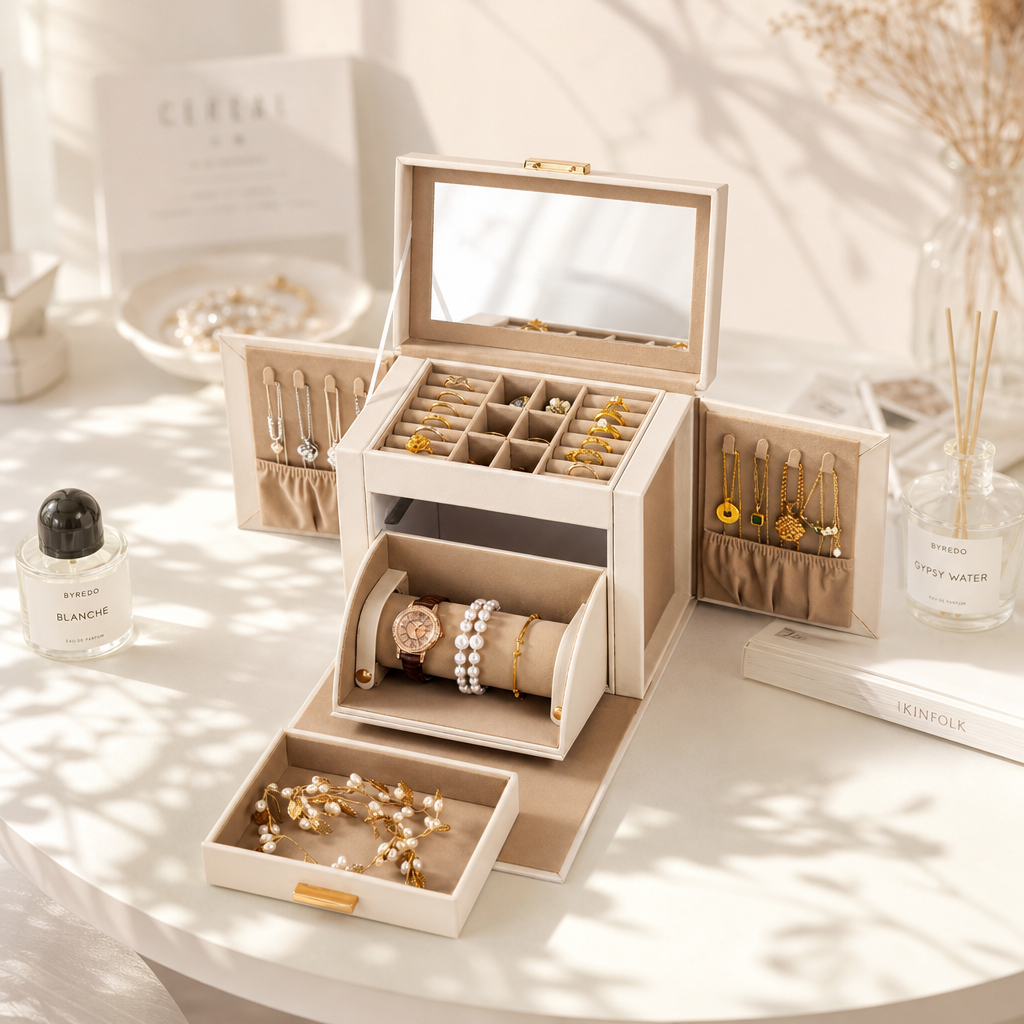 CASEGRACE Hộp Trang Sức Người Tổ Chức Có Khóa Chìa Khóa Và Tích Hợp Gương Đồng Hồ Cuộn Giá Đỡ Trang Sức 3 Lớp Lưu Trữ Cho Nhẫn Bông Tai Dây Chuyền Hộp Quà Tặng Bí Ẩn